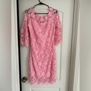 Pink off the shoulder cocktail dress.